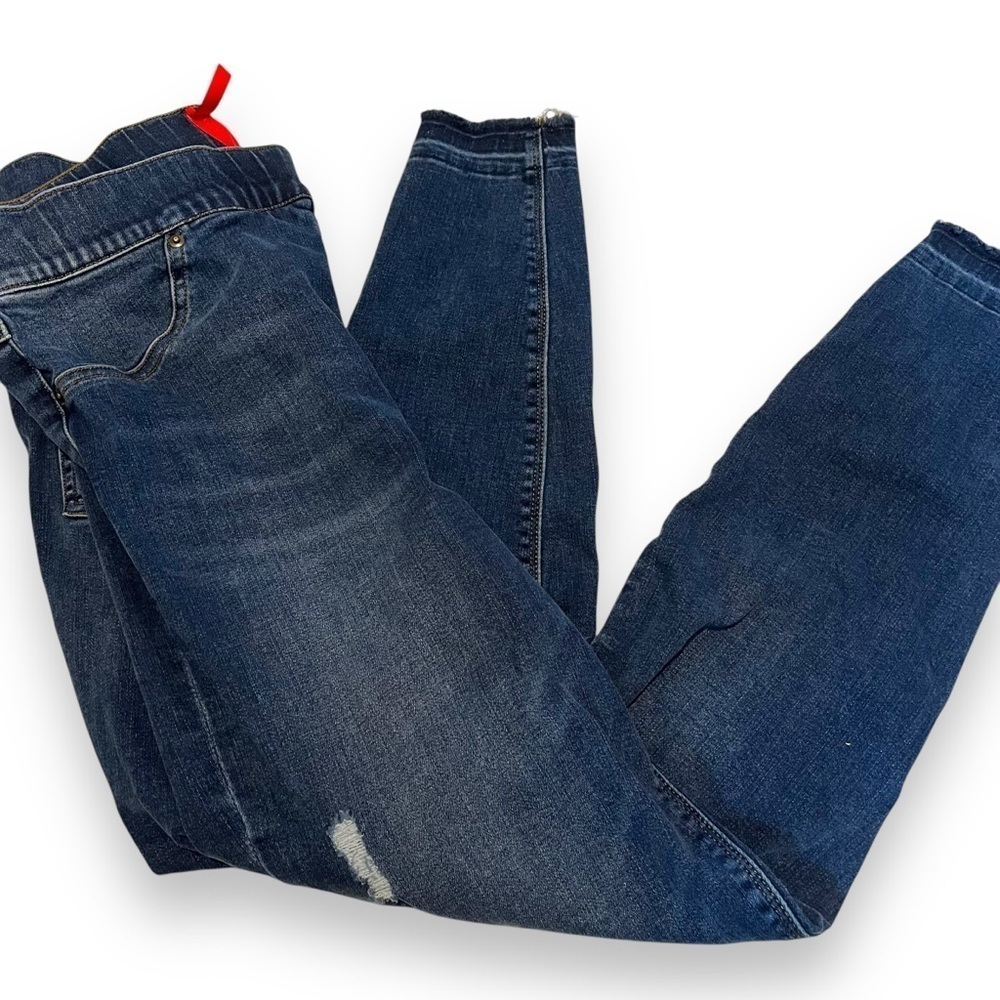 SPANX Pull On Skinny Jeans Womens Large Dark Wash Distressed Raw Hem Shaping